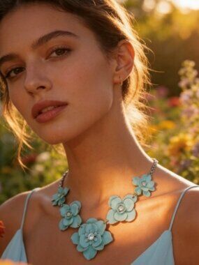 Flower Necklace Soft Metal, Powder Painted Mint Green